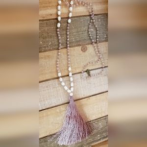 Zacasha Boho Faceted Crystal and Pearl Tassel Drop Necklace Mauve Purple pink